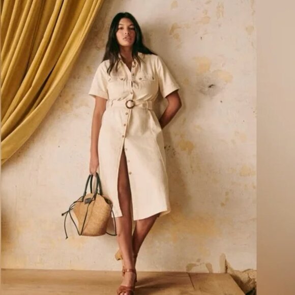 Sezane Dresses & Skirts - SEZANE Jeanette Denim Midi Belted Dress Molted Ecru Cream - Size EU 40 / US 8